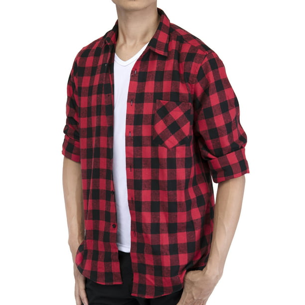 SELX Men Long Sleeve Removable Hood Relaxed Fit Plaid Button Down Casual Shirt 